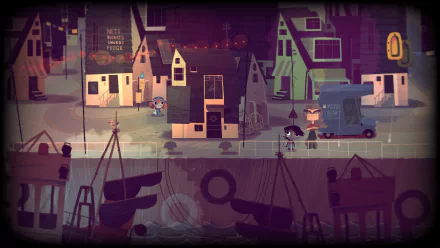 HD desktop wallpaper of Knights and Bikes featuring two characters exploring a quaint, stylized coastal town.