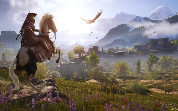 HD desktop wallpaper of Assassin's Creed Odyssey featuring a character on horseback overlooking a lush, mountainous landscape with birds flying in the sky at sunset.