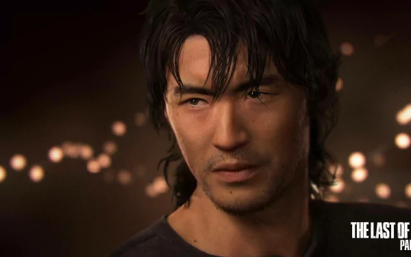 Close-up of Jesse from The Last of Us Part II: moody HD video game portrait with warm bokeh lights and game logo, styled as a PC desktop wallpaper/background.