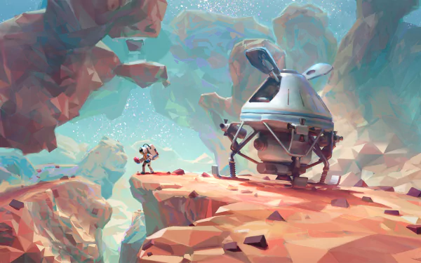 HD ASTRONEER desktop wallpaper featuring an astronaut exploring a rocky alien landscape with a landed spacecraft.