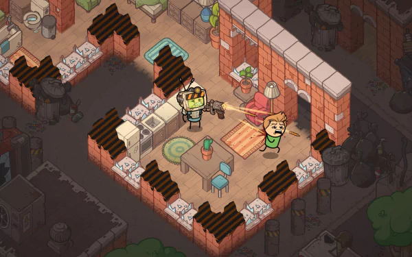 HD desktop wallpaper from Rapture Rejects featuring a cartoonish post-apocalyptic scene with two characters in a ruined building.