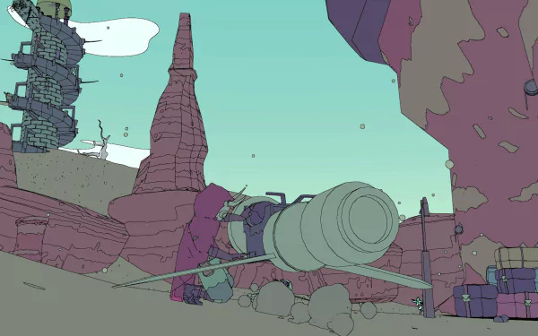 HD desktop wallpaper featuring the stylized landscape from the game Sable, with rock formations and a crashed spaceship.