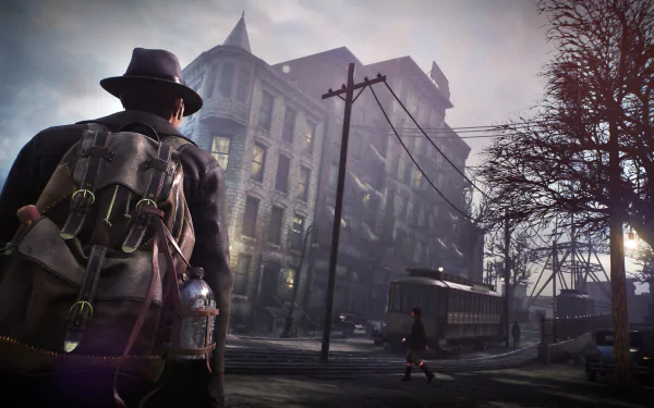 HD wallpaper featuring The Sinking City game with a detective character overlooking a foggy, eerie street scene.