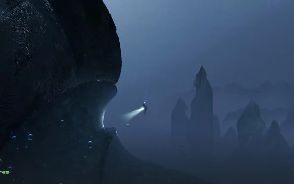 HD desktop wallpaper featuring a mystical scene from The Sinking City with eerie underwater rock formations and a solitary light in the dark.