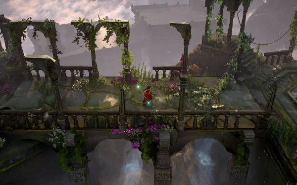 HD wallpaper from Raji: An Ancient Epic featuring an in-game character on an ancient ruinous structure with lush greenery.