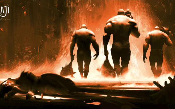 HD wallpaper from Raji: An Ancient Epic featuring shadowy figures and mystical creatures against a fiery backdrop.