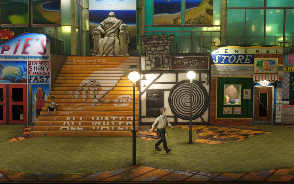 HD wallpaper of a scene from Harold Halibut with a character walking in a quirky, colorful town square.