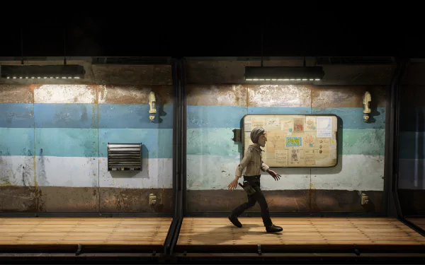 HD desktop wallpaper from Harold Halibut featuring a character walking across a dimly lit, underwater train station platform.