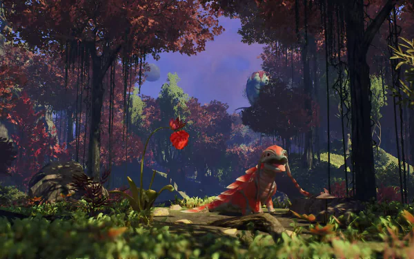 HD desktop wallpaper of a serene forest with lush foliage and a creature resting among the trees, exuding a satisfactory ambiance.