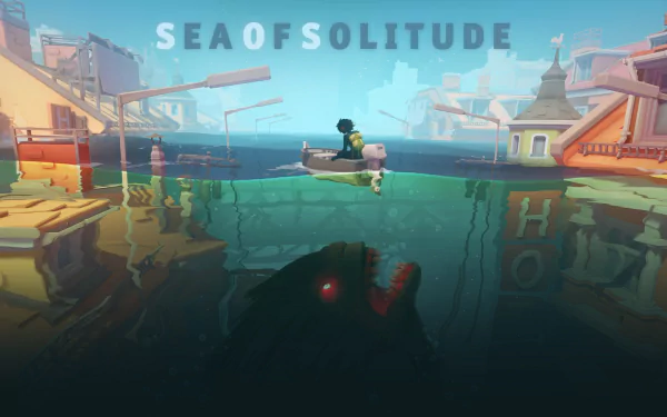 HD wallpaper of Sea of Solitude video game featuring a character on a boat with submerged buildings and monstrous eyes lurking underwater.