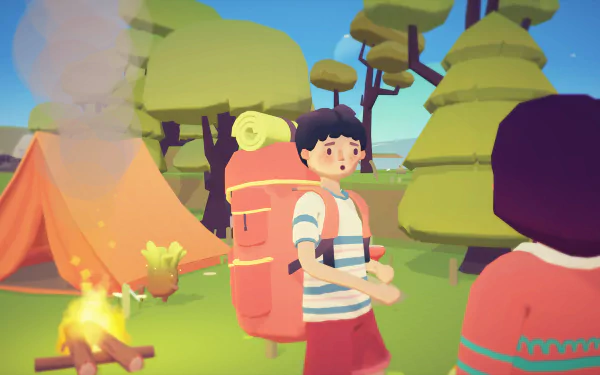 HD desktop wallpaper featuring characters from Ooblets in a vibrant campsite setting.