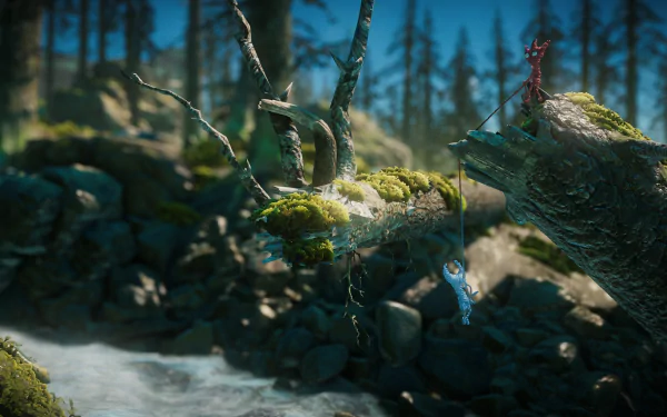 HD desktop wallpaper featuring the characters from Unravel Two in a serene forest by a stream.