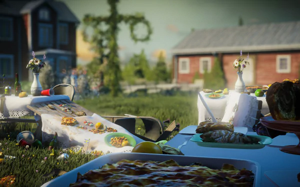 HD desktop wallpaper featuring a scene from Unravel Two with characters overlooking a table of food in a sunny countryside setting.