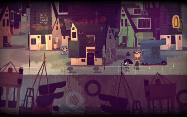 HD desktop wallpaper of Knights and Bikes featuring two characters exploring a quaint, stylized coastal town.