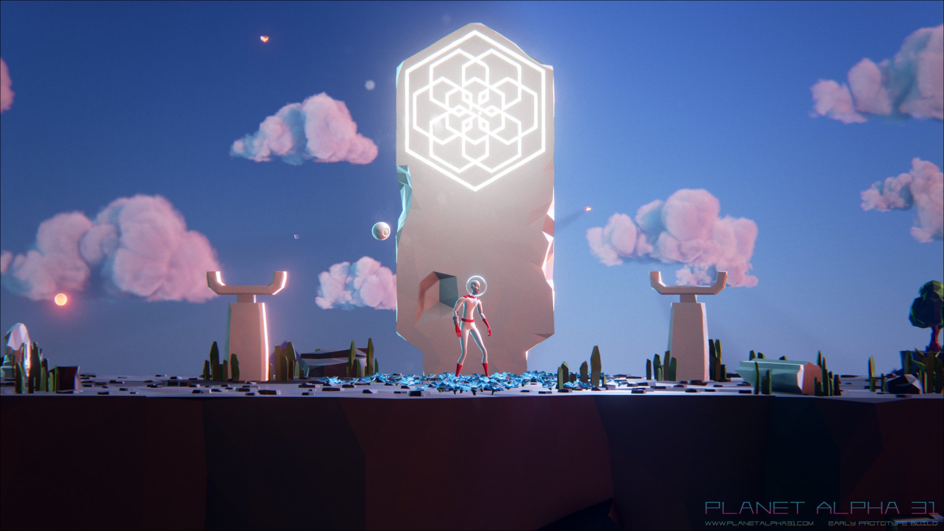 HD desktop wallpaper of Planet Alpha game scene, with a character surrounded by alien flora and mystical structures under a dusky sky.