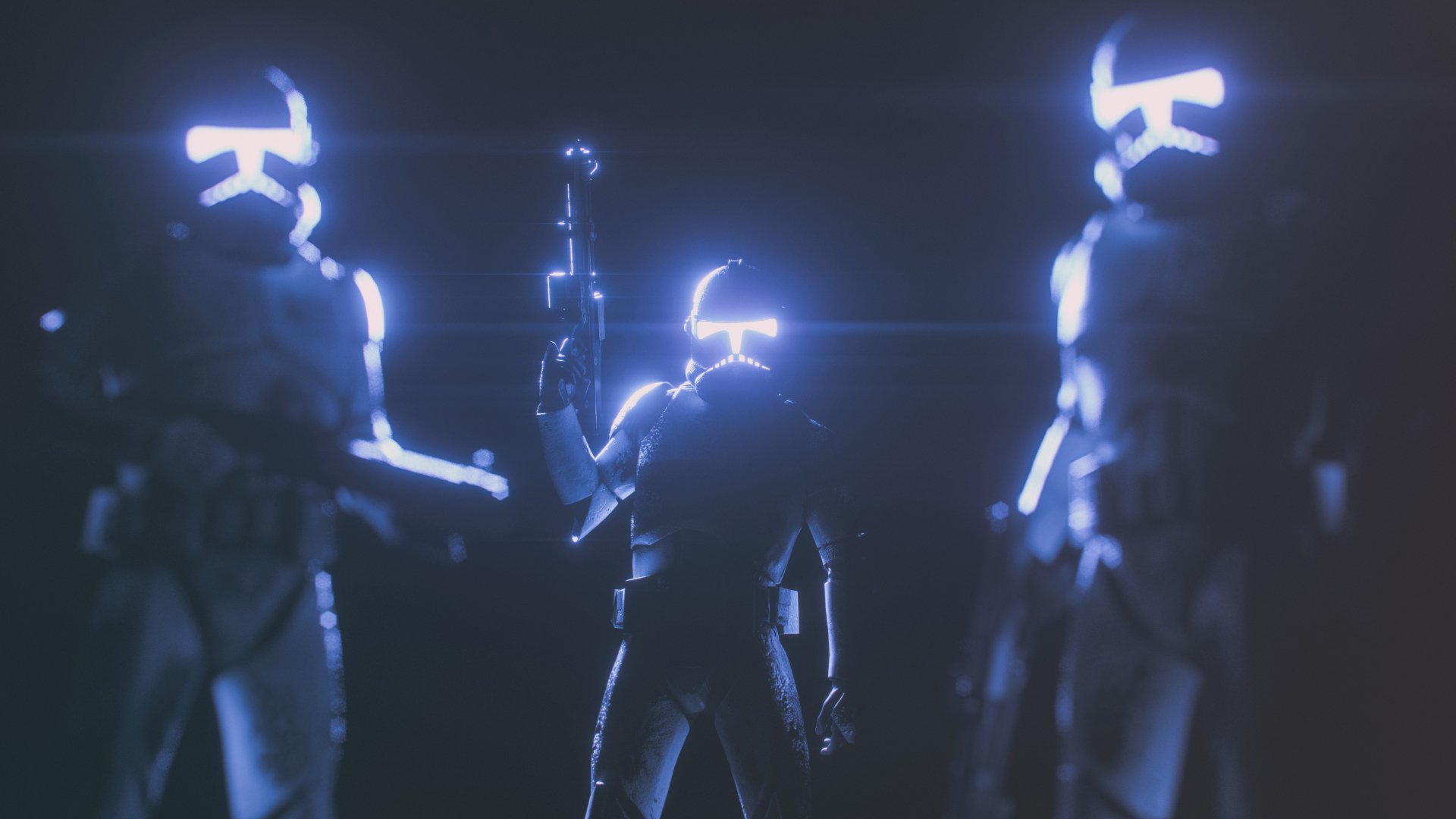 4K Ultra HD PC desktop wallpaper: three Star Wars clone troopers in blue backlight, the central trooper raising a blaster in a moody sci‑fi silhouette.