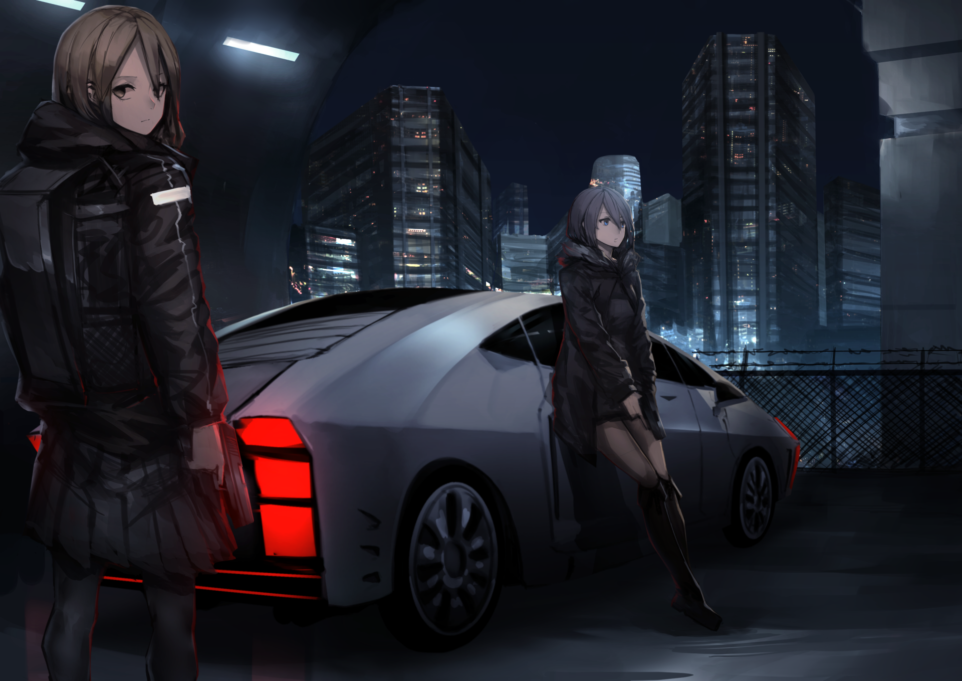 Anime-style cityscape at night features two characters with black and brown short hair, a futuristic car, and a visible gun, creating a dramatic HD desktop wallpaper scene.