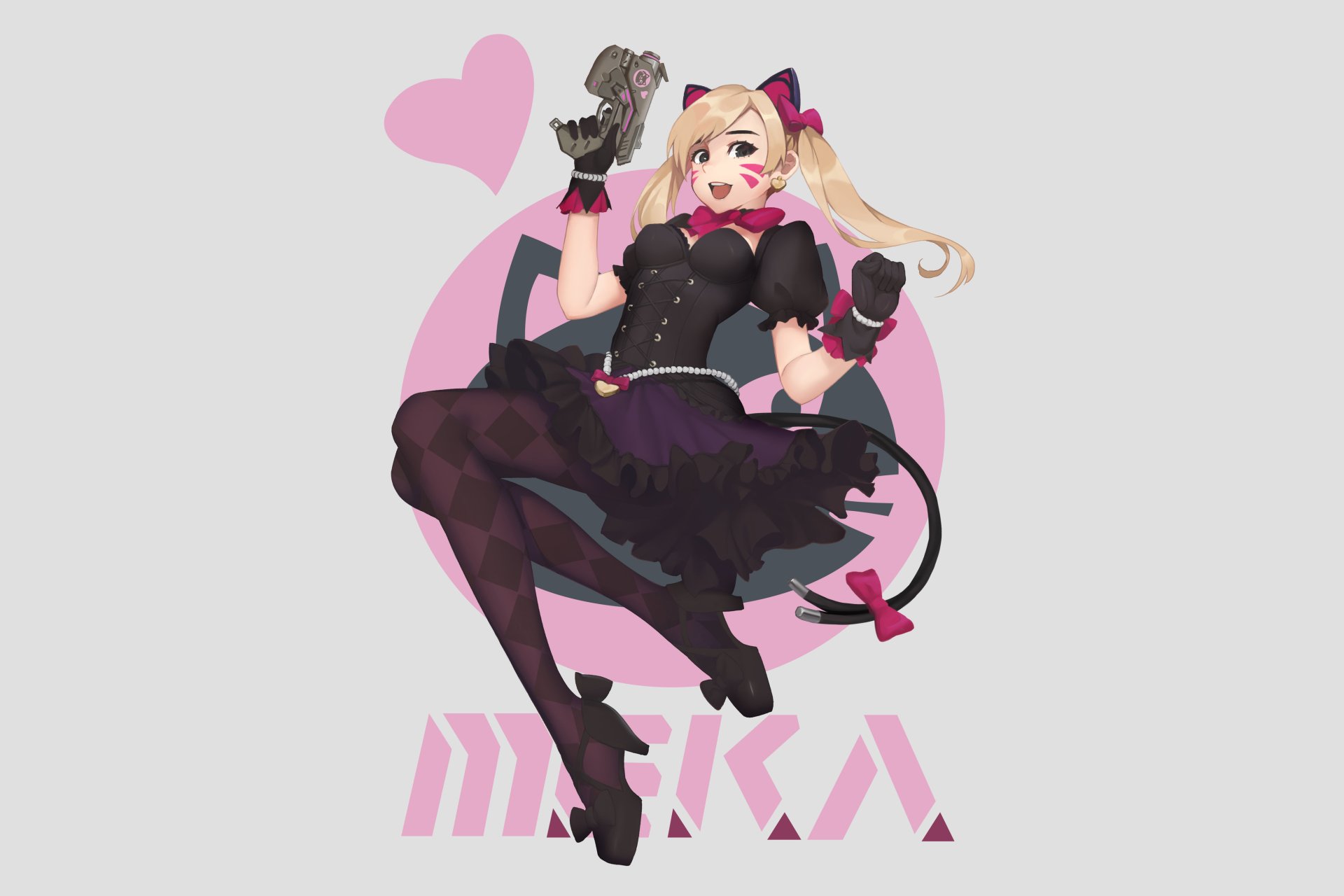 D.Va from Overwatch in a stylish black outfit with cat ears and a heart background, featured in 4K Ultra HD PC desktop wallpaper and background.