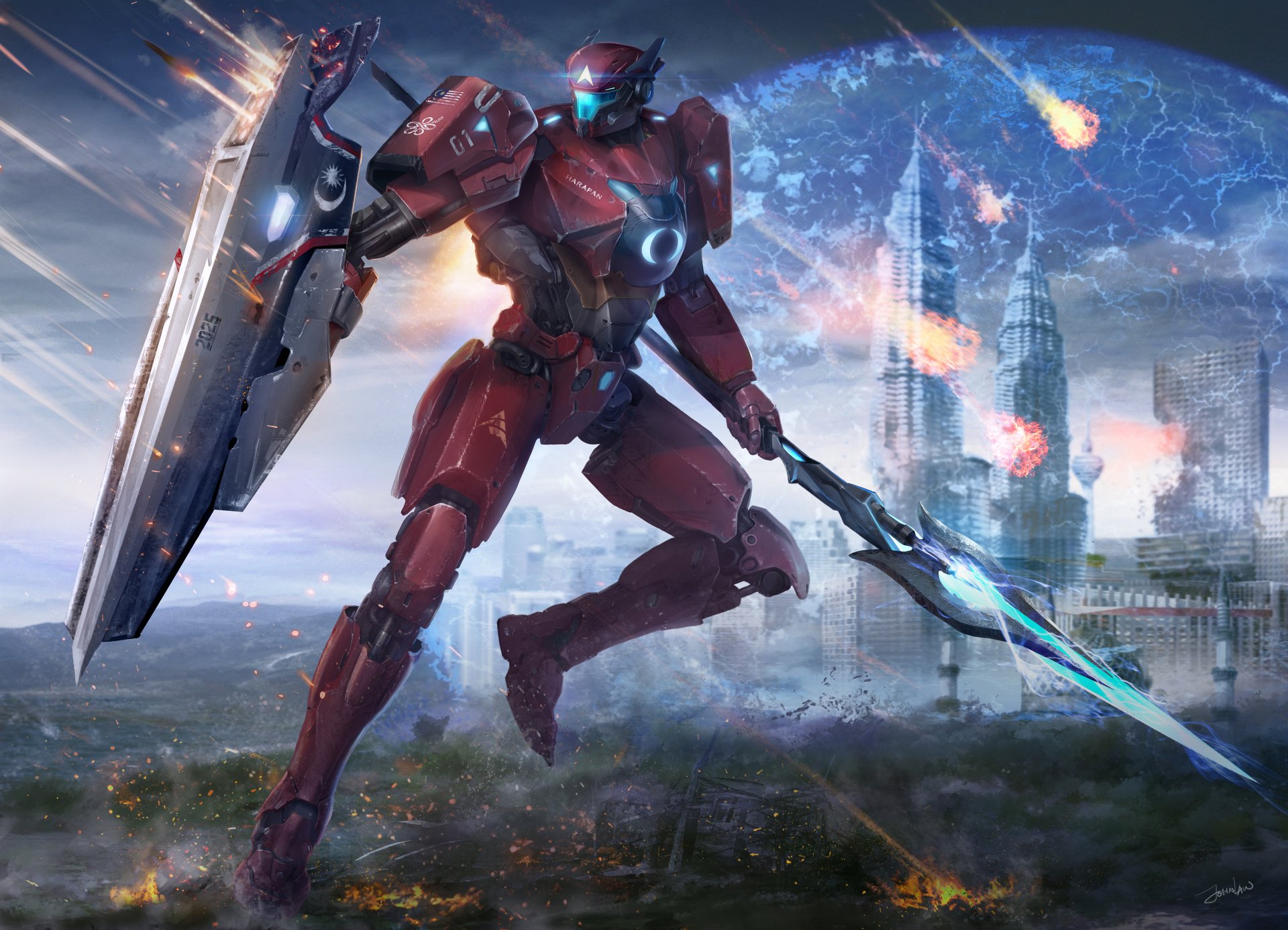 A red sci-fi robot wielding a spear and shield stands ready in a futuristic cityscape with meteors falling in the background, rendered in 4K Ultra HD.