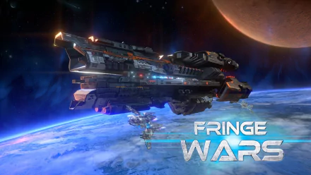 HD wallpaper featuring a spaceship from the game Fringe Wars, with a planet and space backdrop.