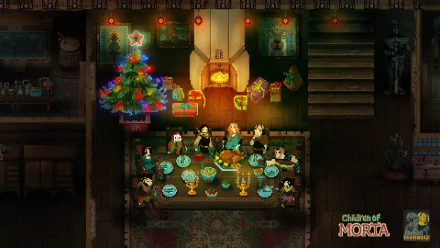 HD desktop wallpaper from Children of Morta depicting a family gathering around a festive table, with a vibrant Christmas tree in the background.