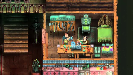 HD wallpaper featuring a pixel art scene from the game Children of Morta, depicting characters in a detailed, cozy interior environment.