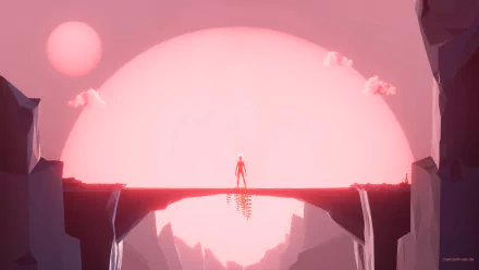 HD desktop wallpaper of Planet Alpha, featuring a figure on a bridge against a large pink sun and a reflective water surface.