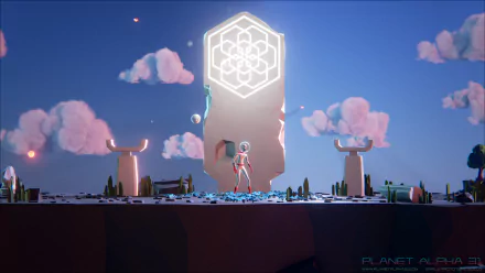HD desktop wallpaper of Planet Alpha game scene, with a character surrounded by alien flora and mystical structures under a dusky sky.