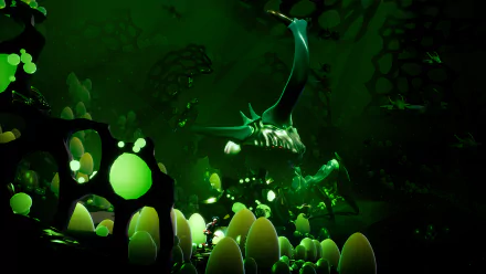 HD desktop wallpaper of Planet Alpha featuring an alien creature in a vivid green luminescent environment.