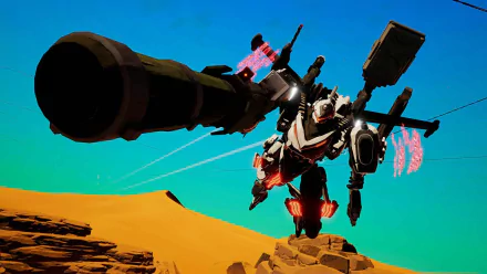 HD wallpaper of Daemon X Machina featuring a mech in flight over a desert landscape.