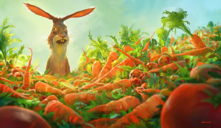 A fantasy animal resembling a rabbit with exaggerated ears stands in a vibrant carrot field, depicted in an HD PC desktop wallpaper background.