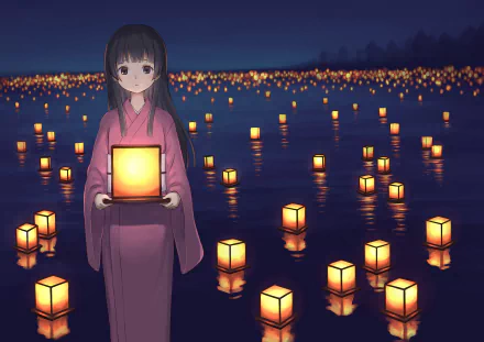 Anime-style HD PC desktop wallpaper depicting a girl in a kimono holding a glowing lantern amidst floating lanterns on water at night.