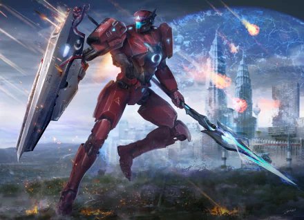 A red sci-fi robot wielding a spear and shield stands ready in a futuristic cityscape with meteors falling in the background, rendered in 4K Ultra HD.
