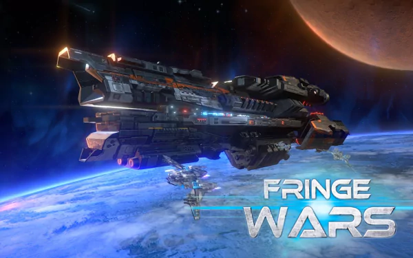 HD wallpaper featuring a spaceship from the game Fringe Wars, with a planet and space backdrop.