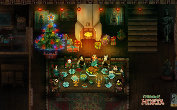 HD desktop wallpaper from Children of Morta depicting a family gathering around a festive table, with a vibrant Christmas tree in the background.