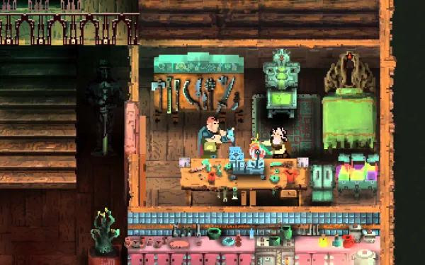 HD wallpaper featuring a pixel art scene from the game Children of Morta, depicting characters in a detailed, cozy interior environment.