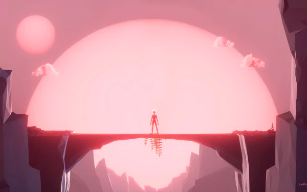 HD desktop wallpaper of Planet Alpha, featuring a figure on a bridge against a large pink sun and a reflective water surface.