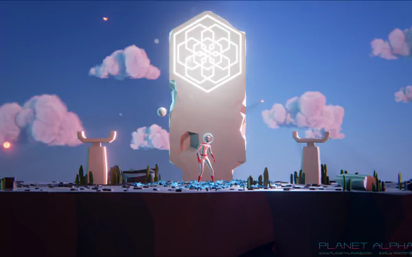 HD desktop wallpaper of Planet Alpha game scene, with a character surrounded by alien flora and mystical structures under a dusky sky.