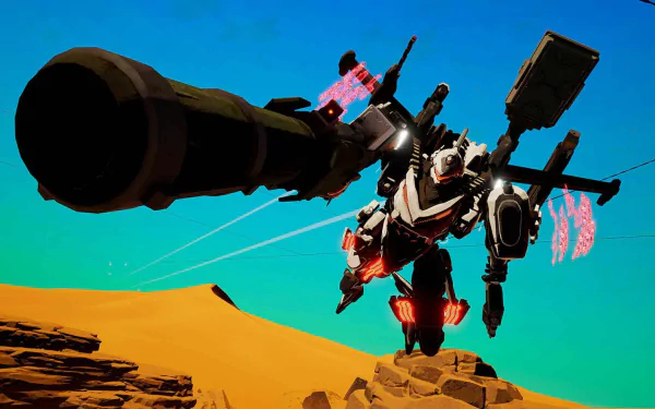 HD wallpaper of Daemon X Machina featuring a mech in flight over a desert landscape.