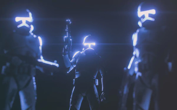 4K Ultra HD PC desktop wallpaper: three Star Wars clone troopers in blue backlight, the central trooper raising a blaster in a moody sci‑fi silhouette.
