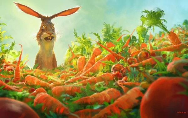 A fantasy animal resembling a rabbit with exaggerated ears stands in a vibrant carrot field, depicted in an HD PC desktop wallpaper background.