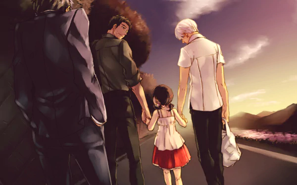 Persona 4 HD desktop wallpaper: Nanako Dojima walks hand-in-hand with Yu Narukami down a sunset road, warm sky and distant mountains.