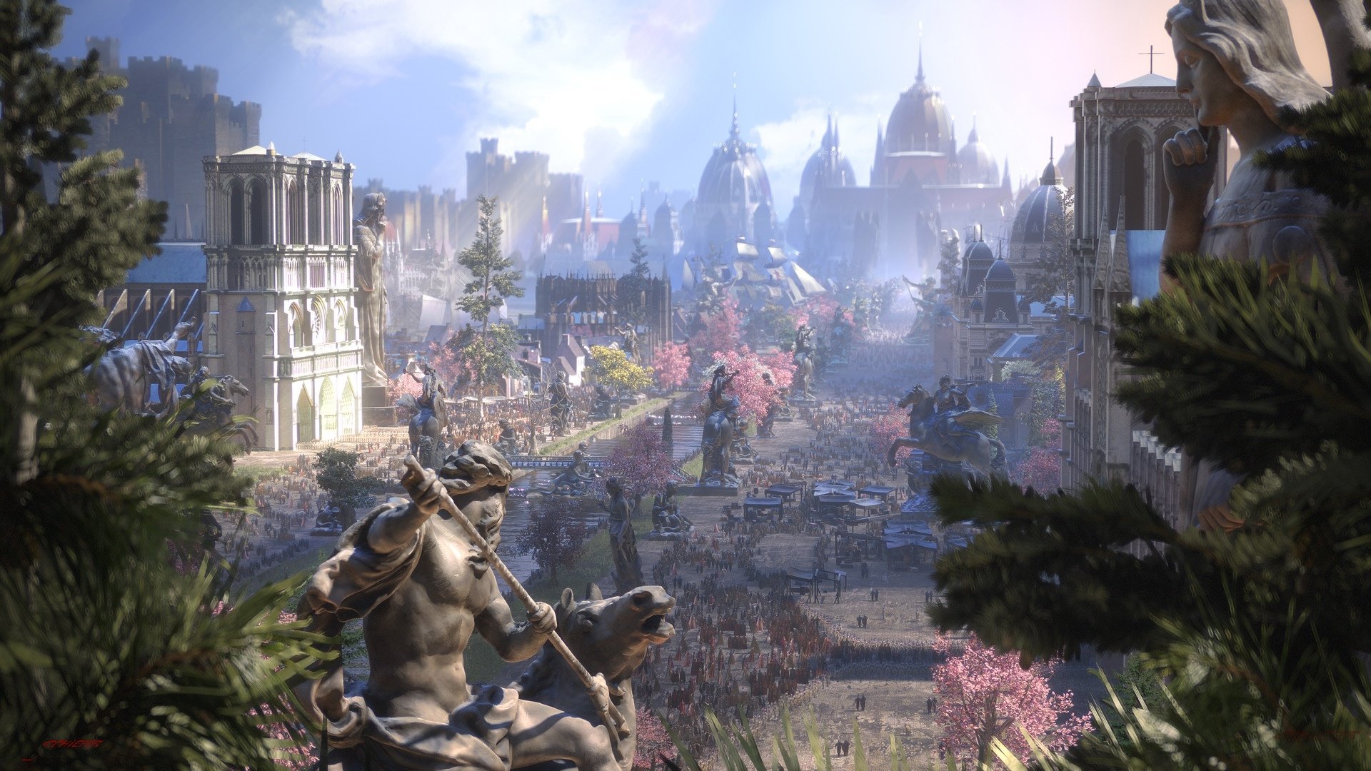HD PC desktop wallpaper featuring a fantasy city with grand buildings, a large crowd, and detailed statues amidst blooming trees under a bright sky.