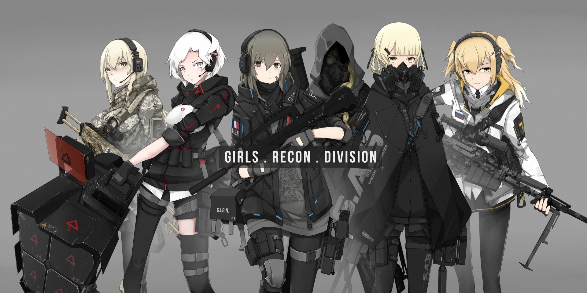 HD desktop wallpaper featuring an original anime illustration of five characters with various hairstyles and accessories like gas masks, guns, headphones, and hoodies. Text reads Girls Recon Division.