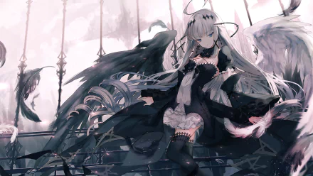 Anime-style original artwork featuring a dark, ethereal character with long hair and black wings, rendered in HD for a striking PC desktop wallpaper and background.