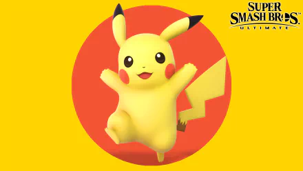 HD desktop wallpaper of Pikachu from the video game Super Smash Bros. Ultimate, featuring Pikachu in a dynamic pose against a yellow background.