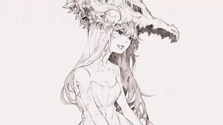 HD PC desktop anime original wallpaper: smiling long-haired girl in a flowing dress wearing a large animal skull headdress, monochrome sketch style.