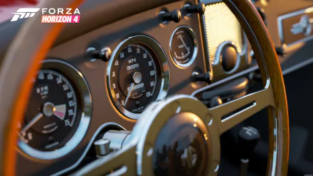 Close-up of a classic car dashboard from Forza Horizon 4, showcased as a 4K Ultra HD PC desktop wallpaper and background.
