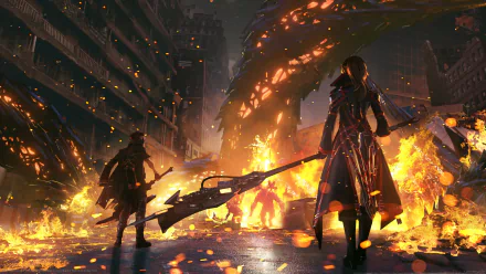 4K Ultra HD Code Vein PC wallpaper featuring two characters wielding weapons amid a fiery, destroyed urban battlefield.
