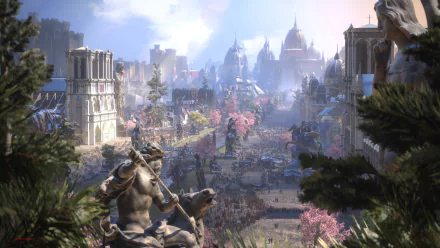 HD PC desktop wallpaper featuring a fantasy city with grand buildings, a large crowd, and detailed statues amidst blooming trees under a bright sky.